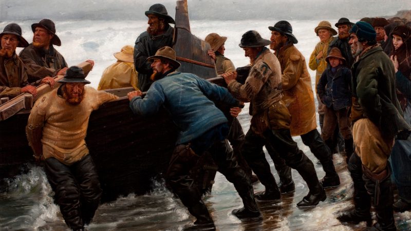 Michael Ancher. Fiskere i færd med at sætte en rorsbåd i vandet. 1881