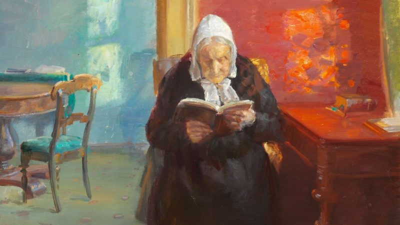 Anna Ancher: Kunstnerindens mor, Ane Brøndum, læsende i den røde stue.
